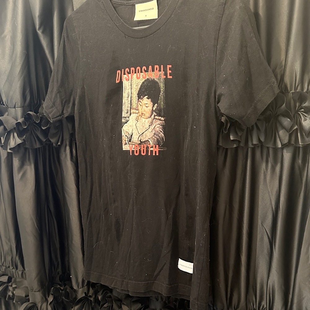 'Disposable Youth' Black Graphic Tee with Red Print